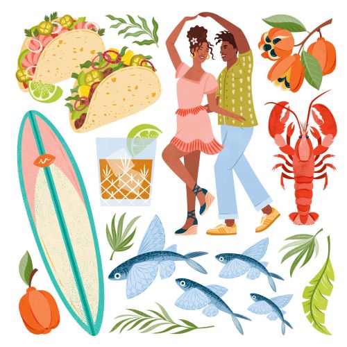 Kate Snell 创作的以夏季为主题的插画，内容包括跳舞的情侣、墨西哥卷饼、鱼、龙虾和冲浪板。