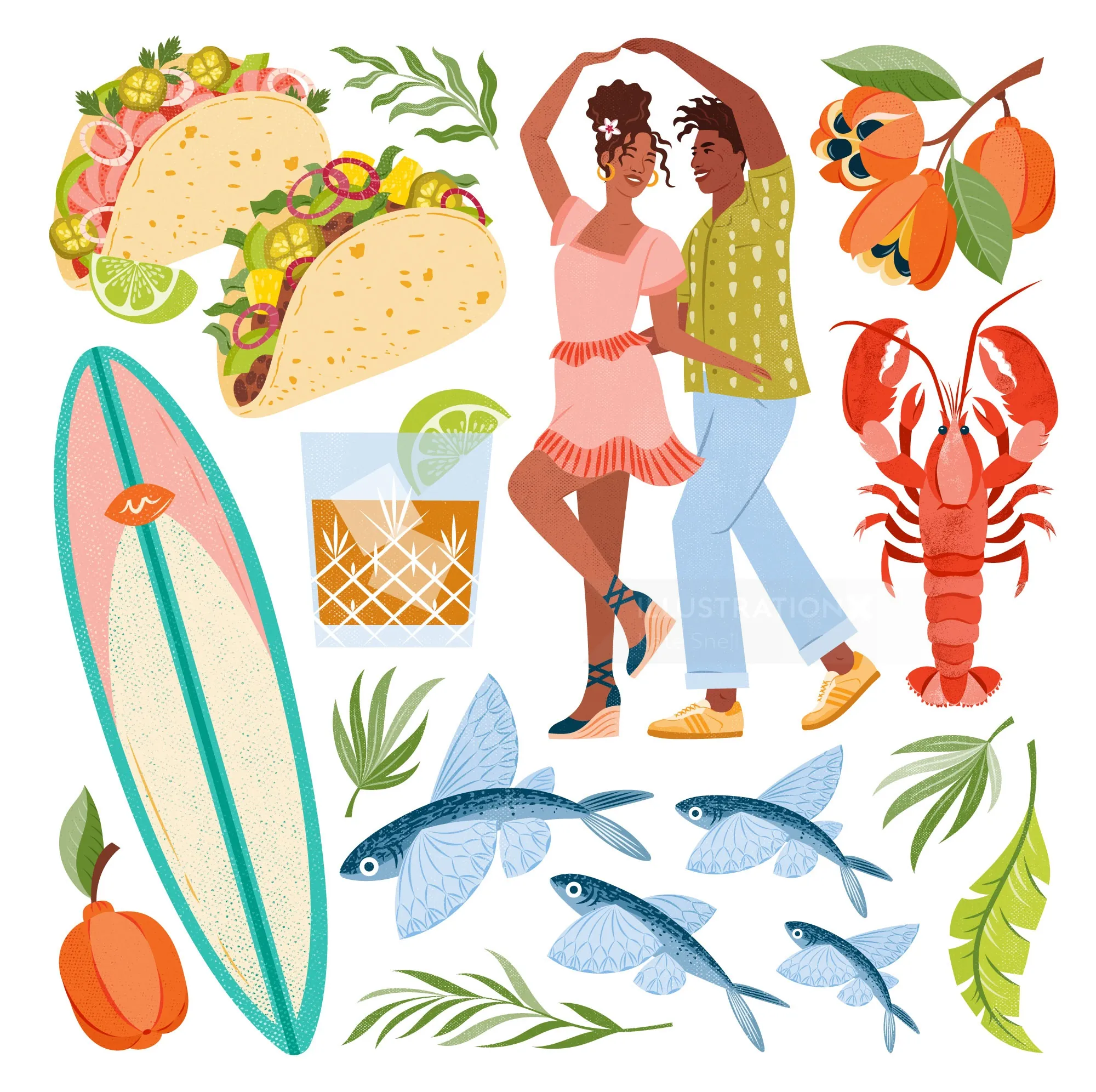 Summer-themed illustrations of dancing couple, tacos, fish, lobster, and surfboard by Kate Snell