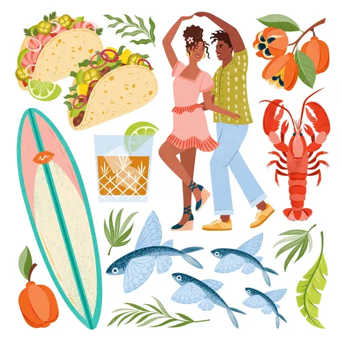 Summer-themed illustrations of dancing couple, tacos, fish, lobster, and surfboard by Kate Snell