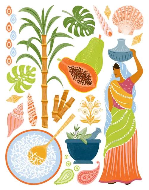 Tropical fruits, bamboo, seashells, and woman in traditional dress illustrated by Kate Snell