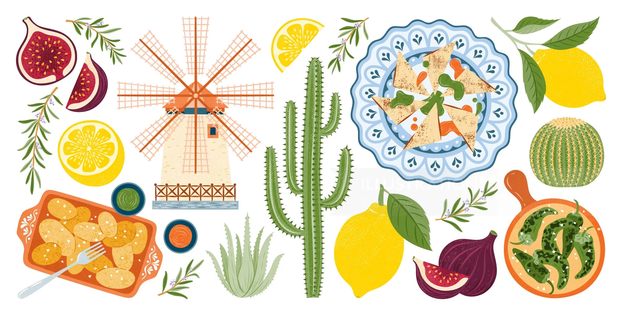 Mediterranean dishes with fruits, cactus, and windmill illustration by Kate Snell