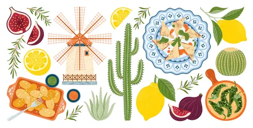Mediterranean dishes with fruits, cactus, and windmill illustration by Kate Snell