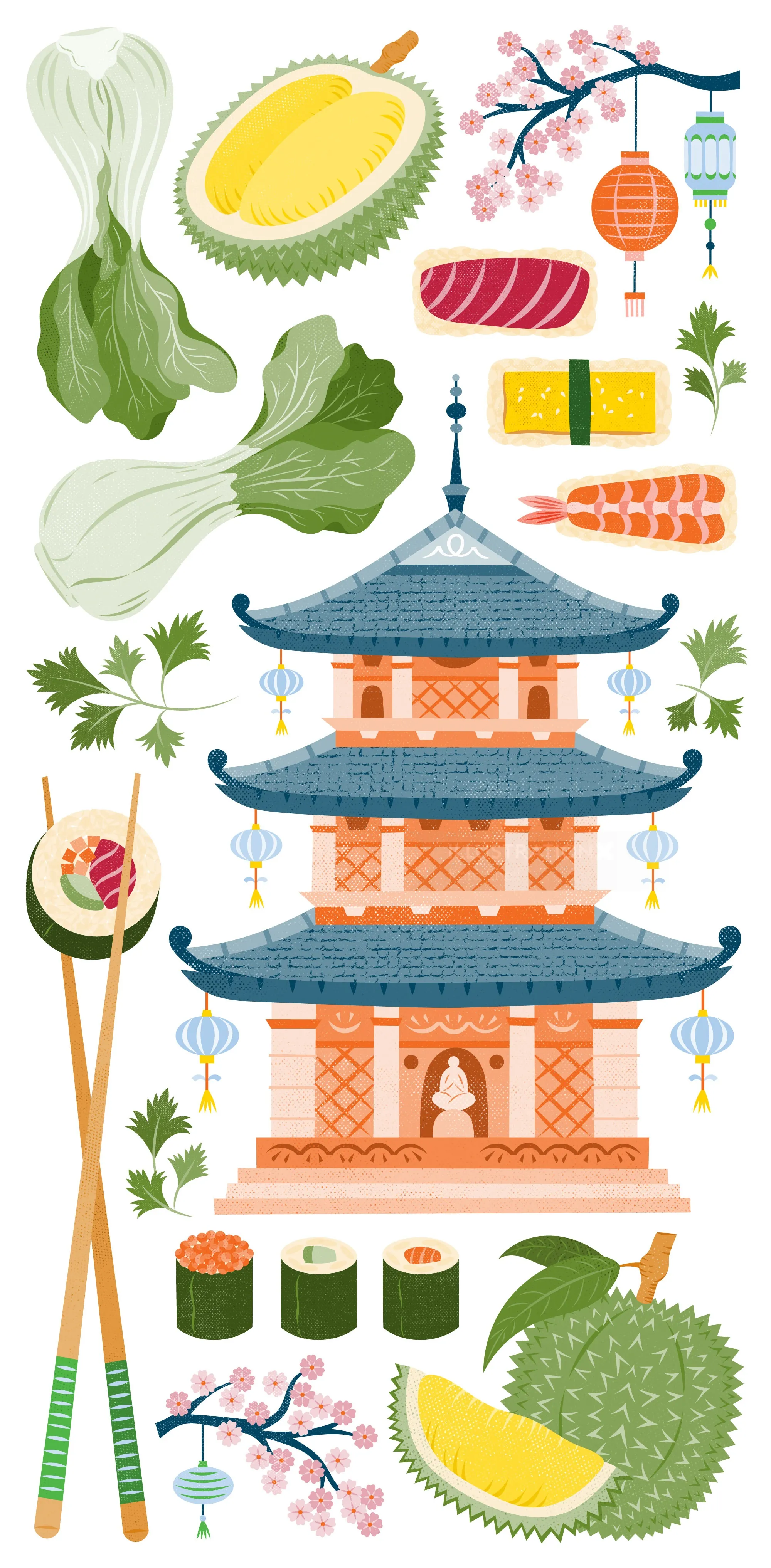 Asian food items and pagoda illustration by Kate Snell