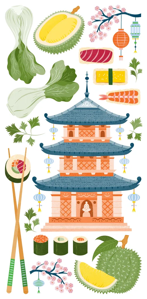 Asian food items and pagoda illustration by Kate Snell