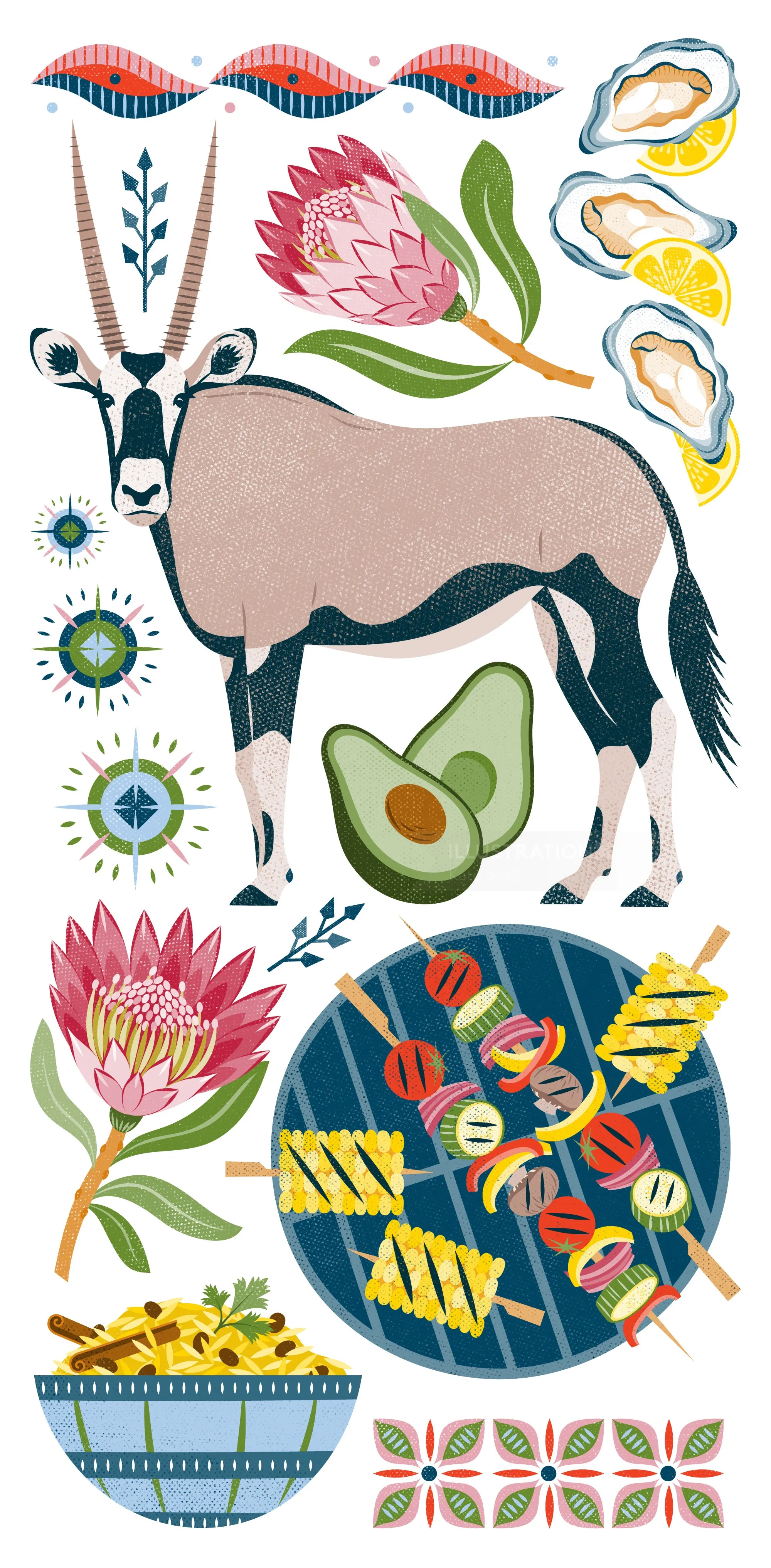 Illustration of a gemsbok, flowers, oysters, avocado, pasta, and salad by Kate Snell