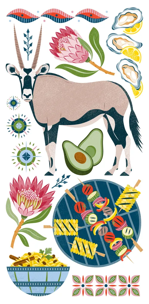 Illustration of a gemsbok, flowers, oysters, avocado, pasta, and salad by Kate Snell