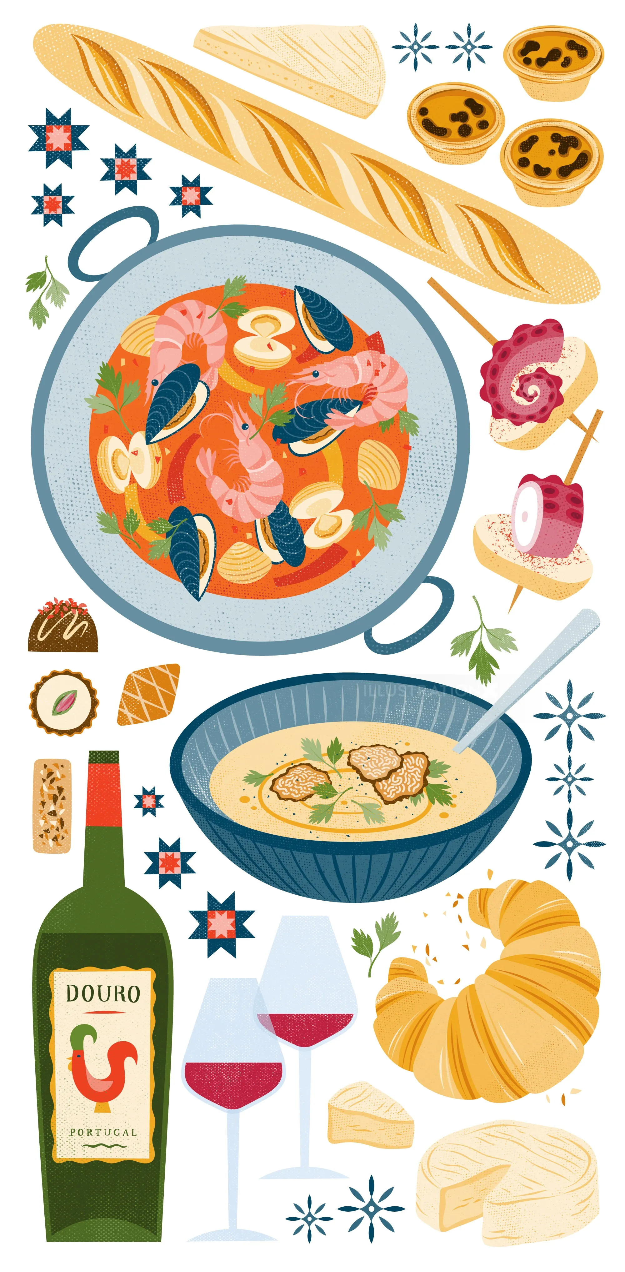 Seafood paella, ravioli, pastries, red wine, and baguette by Kate Snell