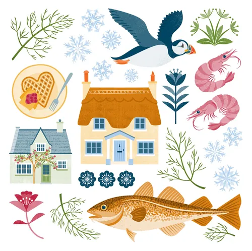 Coastal cottages, puffin, fish, shrimp, flowers, and snowflakes illustration by Kate Snell