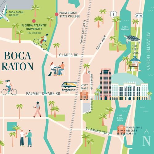 Illustrated map of Boca Raton Florida with roads, parks, and landmarks by Kate Snell