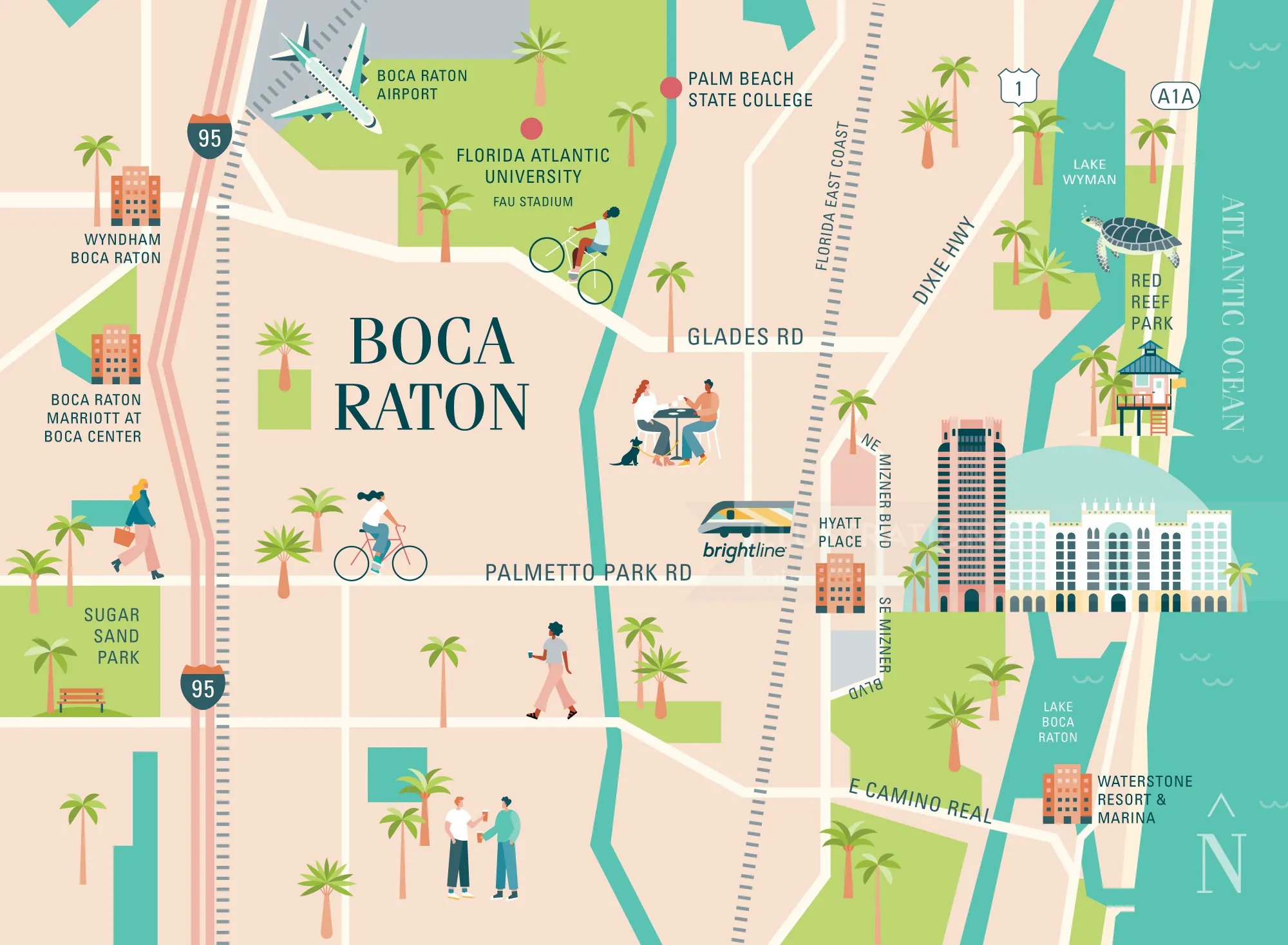 Illustrated map of Boca Raton Florida with roads, parks, and landmarks by Kate Snell