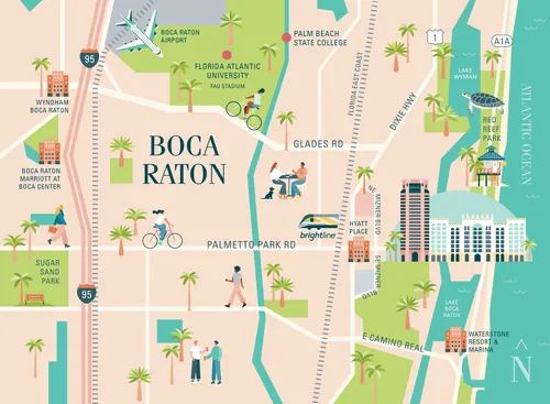Illustrated map of Boca Raton Florida with roads, parks, and landmarks by Kate Snell
