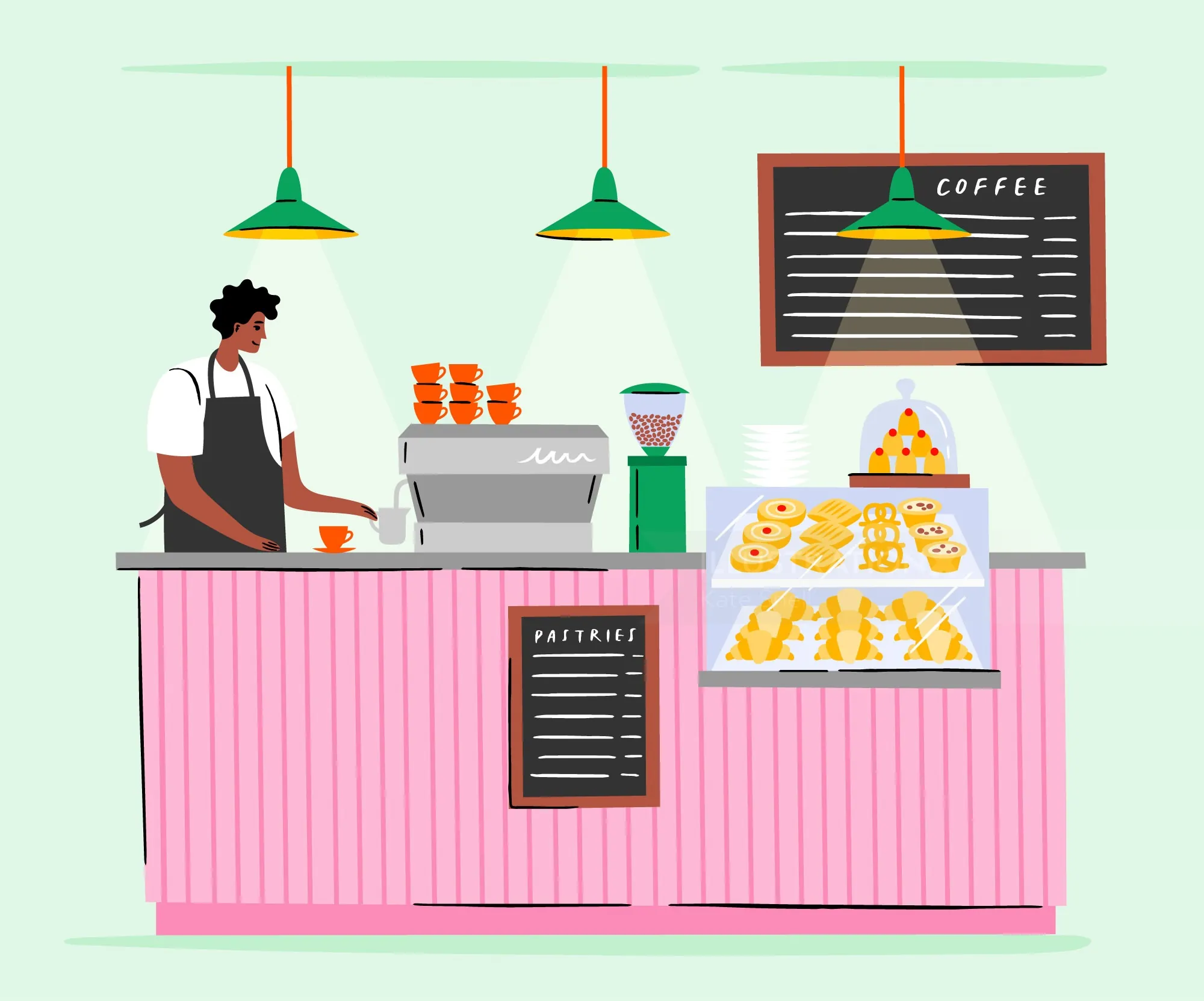 Barista making coffee behind pink counter with pastries and menu board by Kate Snell