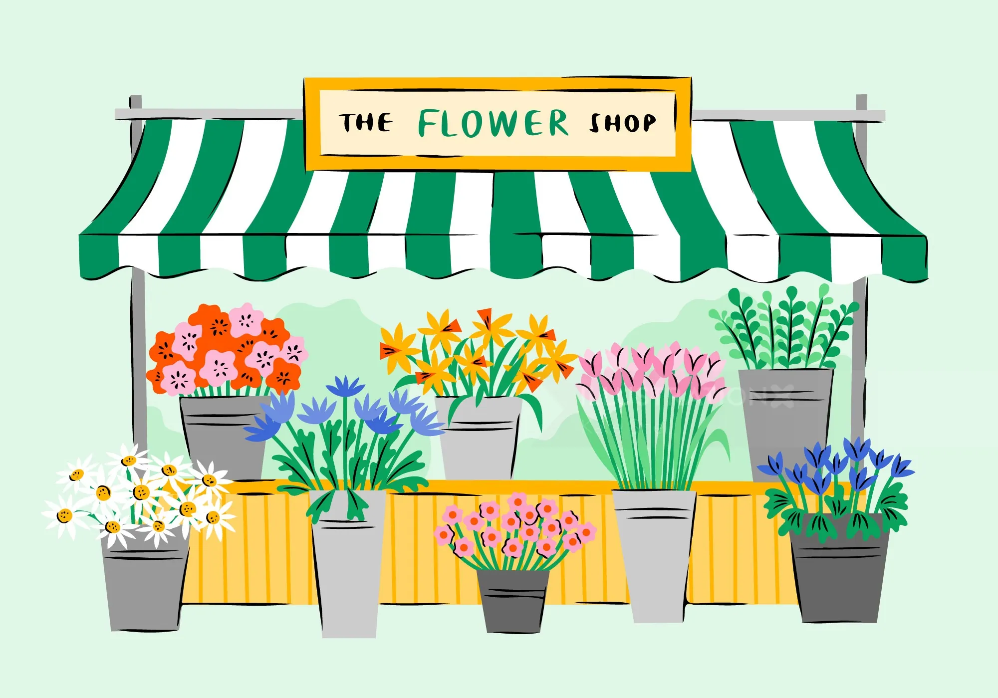 Flower shop storefront with colorful potted plants by Kate Snell