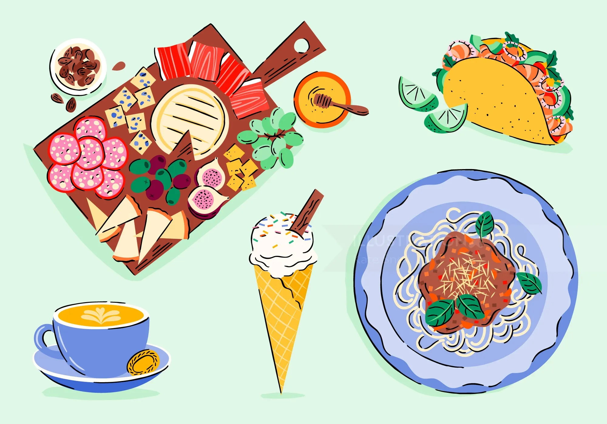 Illustration of spaghetti, taco, cheese platter, coffee, and ice cream cone by Kate Snell