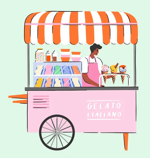 A vendor serving gelato at a pink cart with striped orange and white canopy by Kate Snell