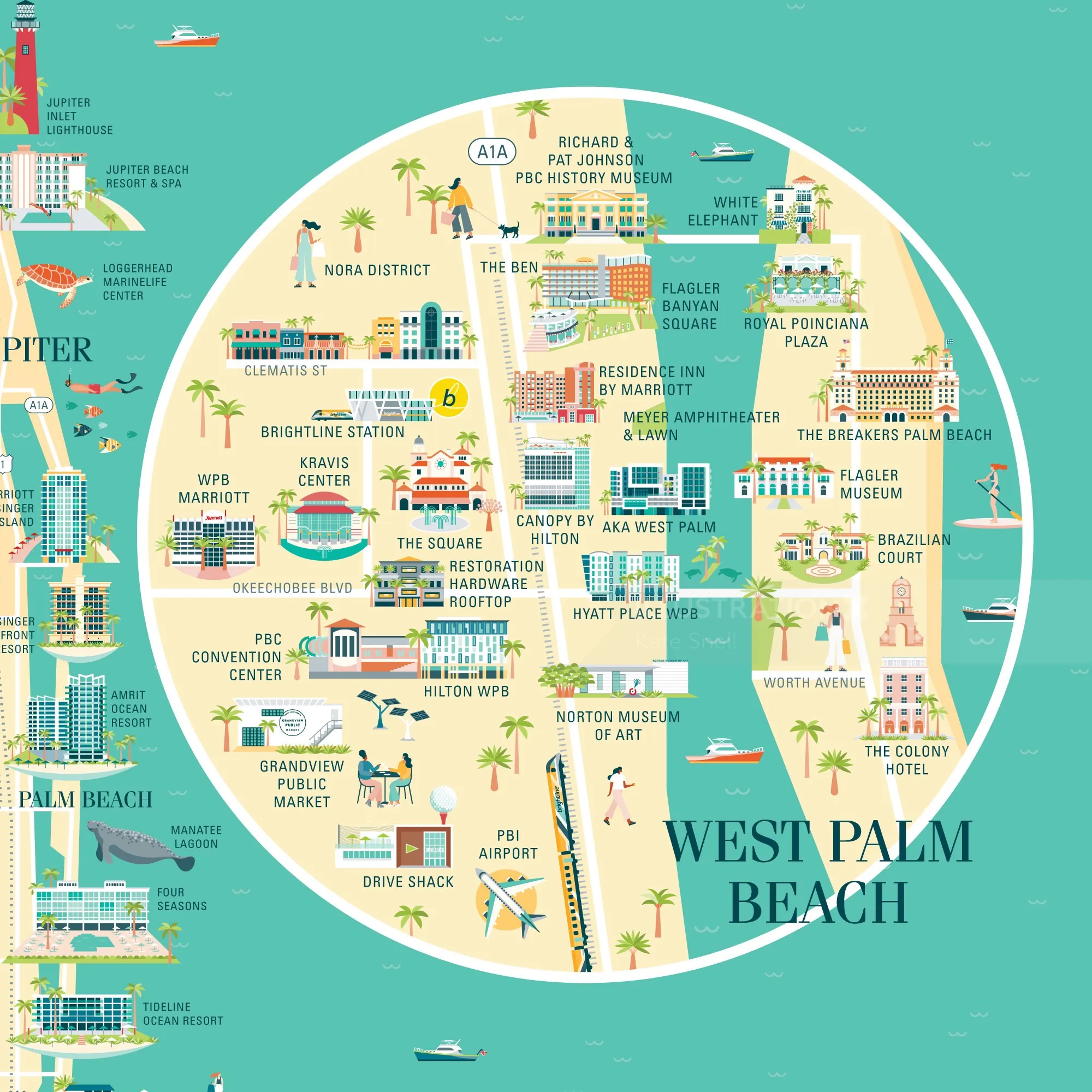 Illustrated map of West Palm Beach showing landmarks and local districts by Kate Snell