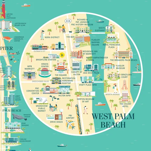 Illustrated map of West Palm Beach showing landmarks and local districts by Kate Snell