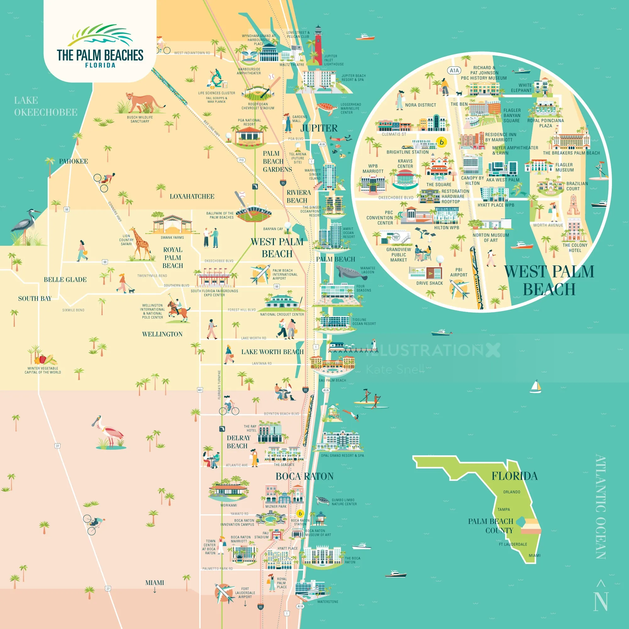 Illustrated map of West Palm Beach and nearby areas by Kate Snell
