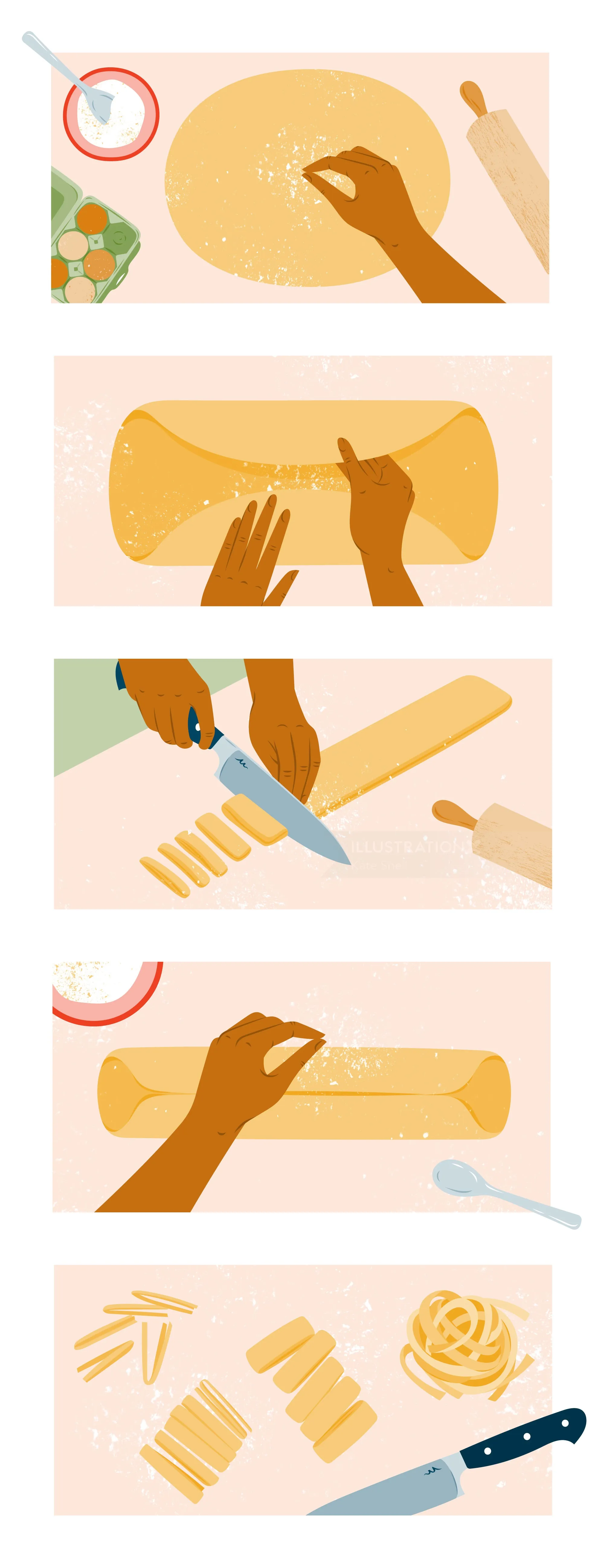 Illustration of hands rolling and cutting pasta dough by Kate Snell