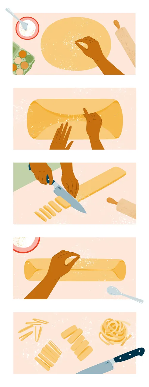 Illustration of hands rolling and cutting pasta dough by Kate Snell