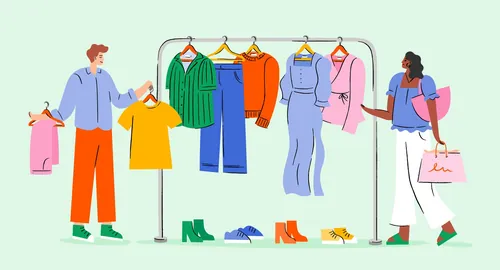 Two people picking clothes and shoes from a rack illustration by Kate Snell