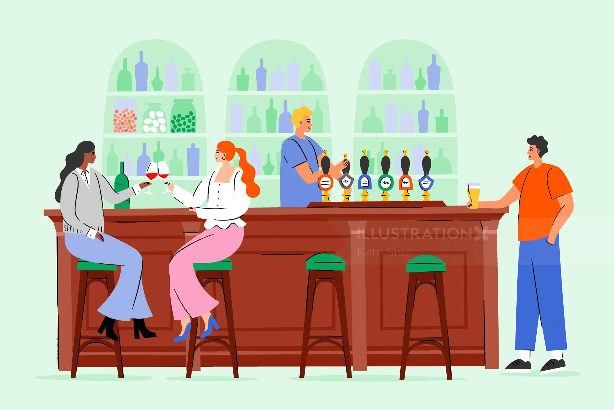 Four people socializing and drinking at a bar by Kate Snell
