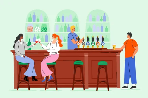 Four people socializing and drinking at a bar by Kate Snell