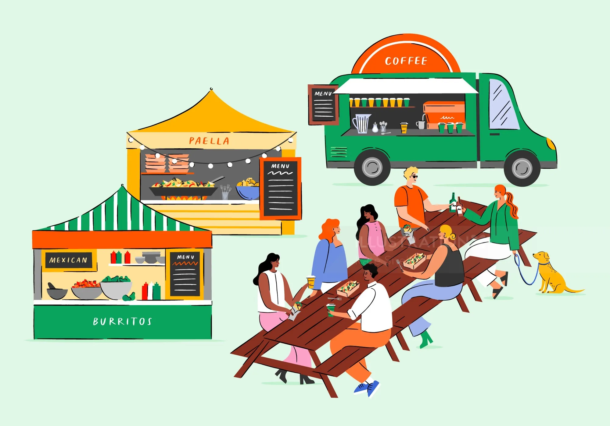 Illustration of people eating near Mexican and paella food trucks and a coffee truck by Kate Snell