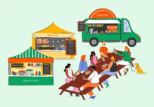 Illustration of people eating near Mexican and paella food trucks and a coffee truck by Kate Snell