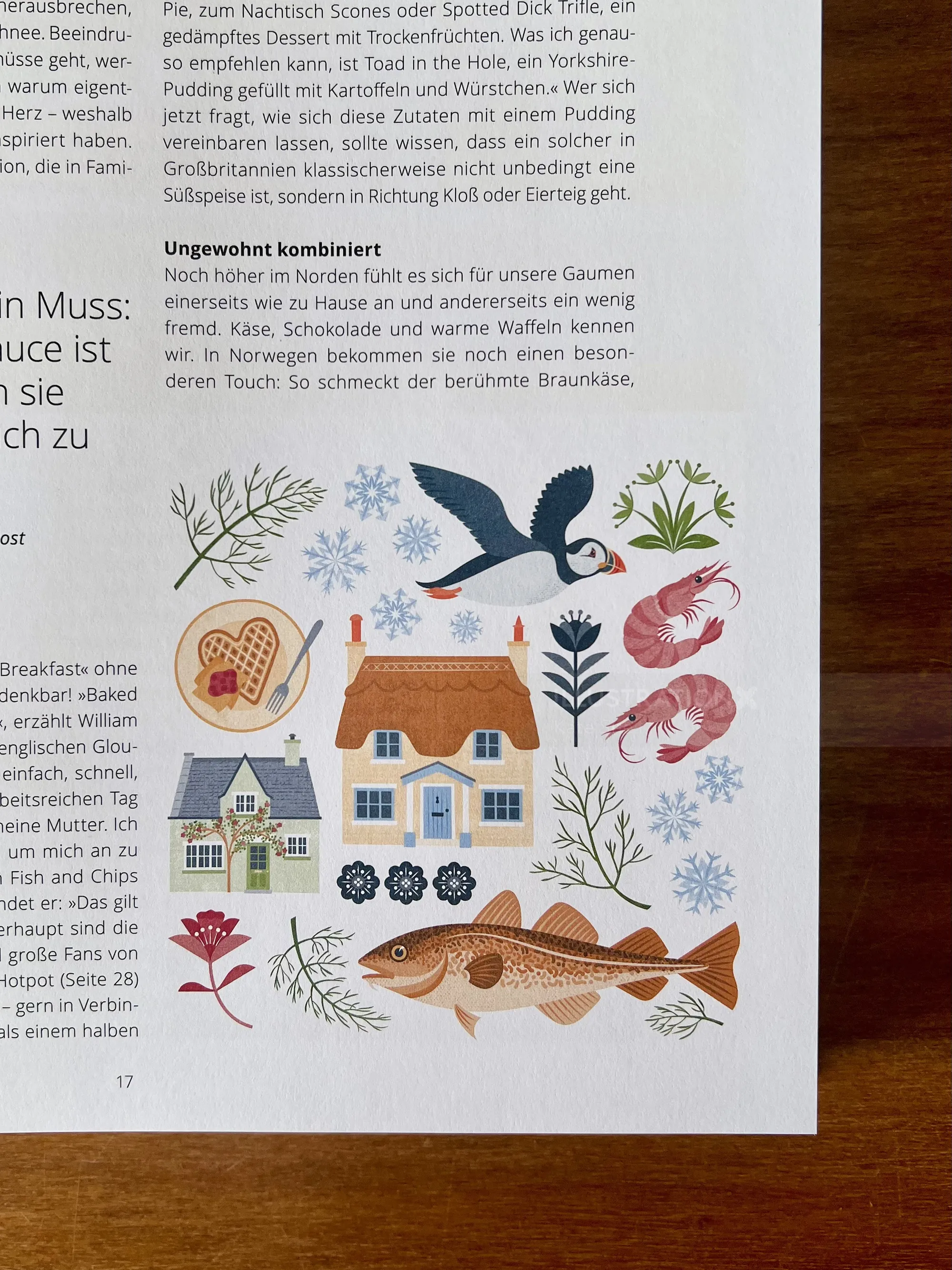 Illustrated German book page with nature motifs by Kate Snell