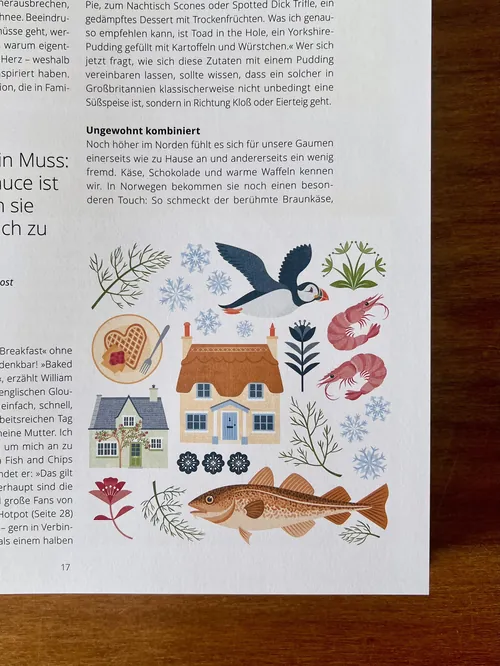 Illustrated German book page with nature motifs by Kate Snell