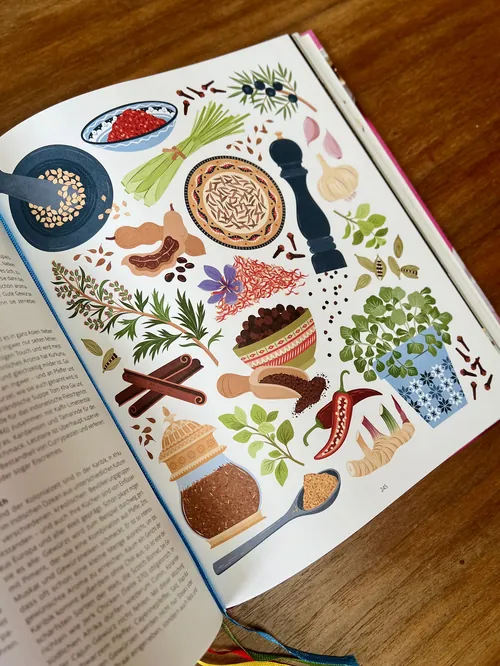 Illustrated cookbook page with botanical food drawings by Kate Snell