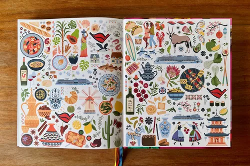 Colorful illustrated book spread by Kate Snell with animals, plants, and objects