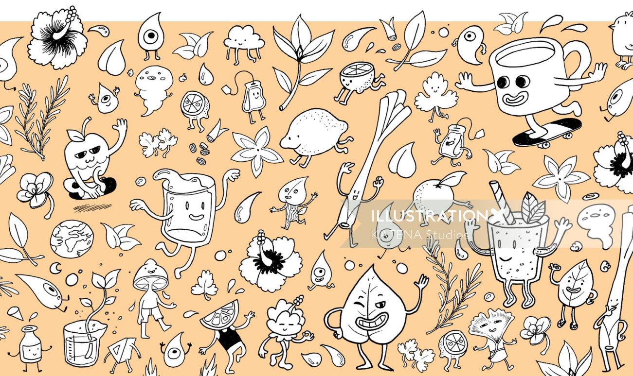 Pencil drawing vegetables and fruits pattern