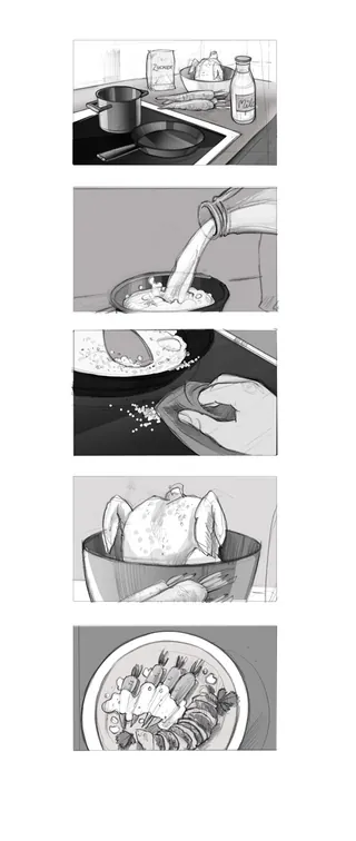 Cooking process illustrations showing measuring, pouring, frying, and plating by Katharina Madesta