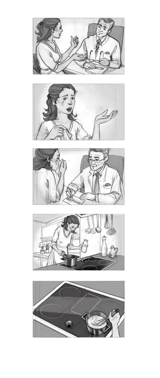 Black and white comic panels of a conversation and cooking by Katharina Madesta