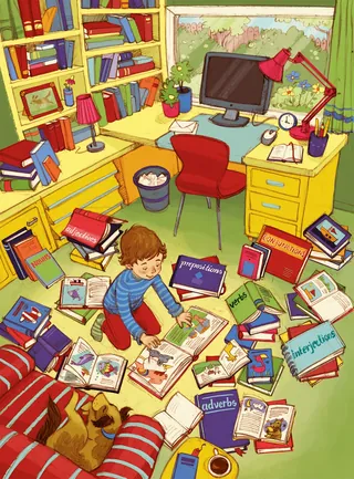 Child reading books on floor of cluttered study room by Katharina Madesta