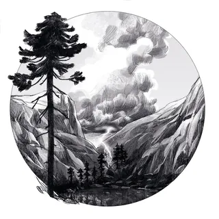 Monochrome illustration of mountains and pine trees with clouds by Katharina Madesta