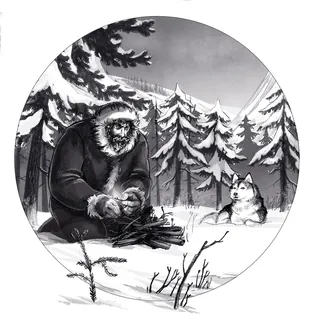 Winter forest scene with man and husky by campfire by Katharina Madesta