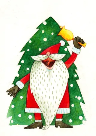 Santa Claus ringing bell in front of Christmas tree by Katharina Madesta