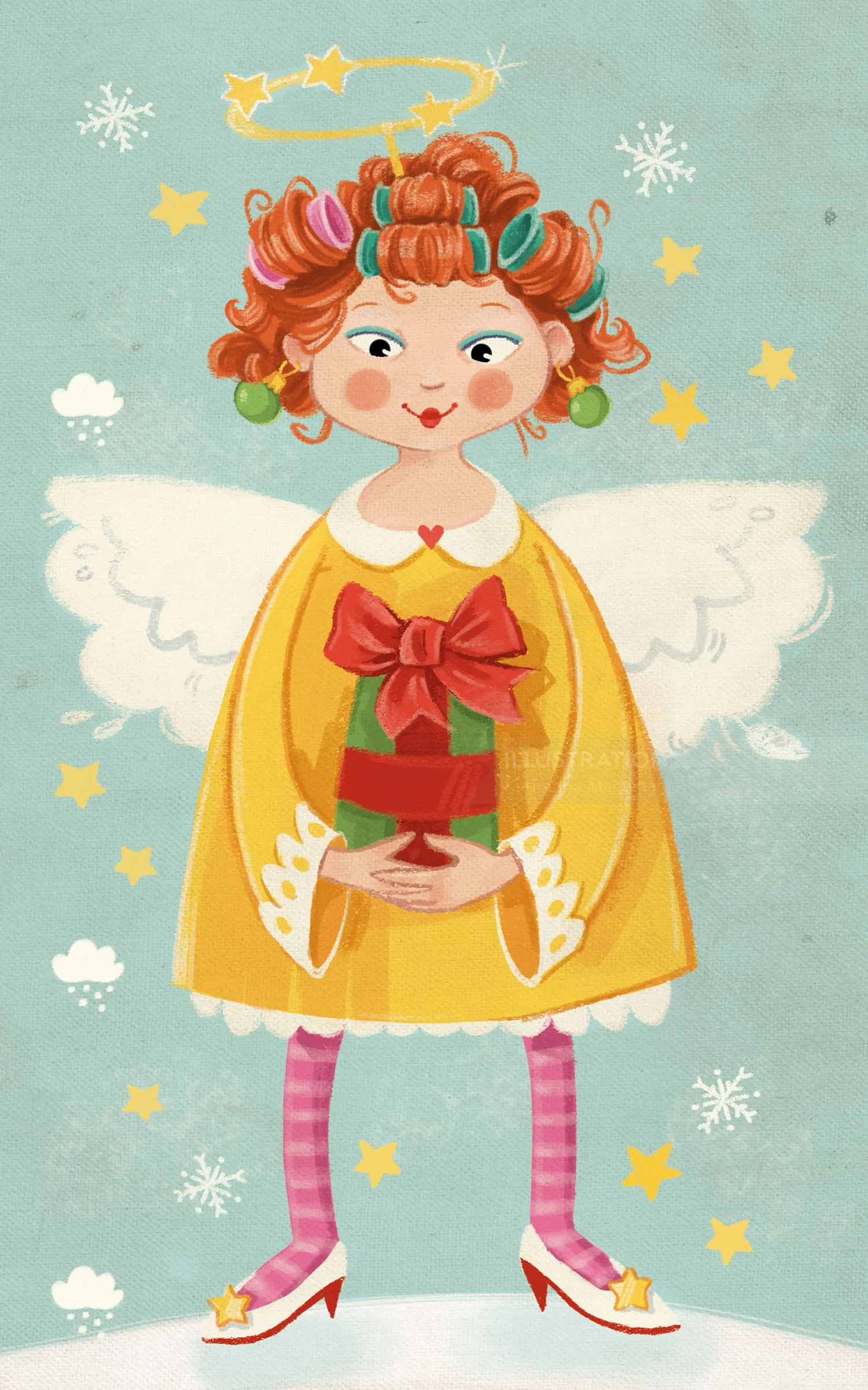 Whimsical child angel holding a gift with stars and snowflakes, by Katharina Madesta