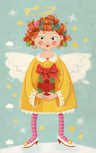 Whimsical child angel holding a gift with stars and snowflakes, by Katharina Madesta