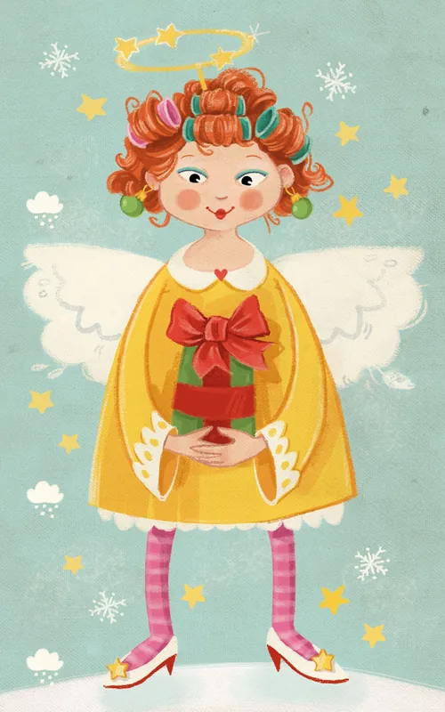 Whimsical child angel holding a gift with stars and snowflakes, by Katharina Madesta