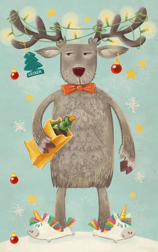 Festive reindeer with Christmas ornaments and wine bottle by Katharina Madesta