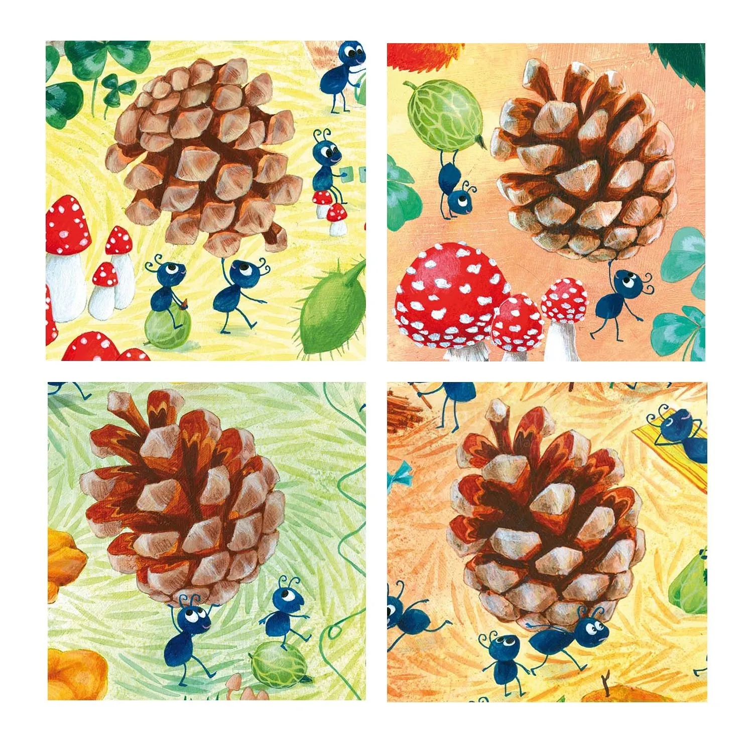 Illustrations of ants carrying and surrounding pinecones and mushrooms by Katharina Madesta