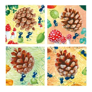 Illustrations of ants carrying and surrounding pinecones and mushrooms by Katharina Madesta