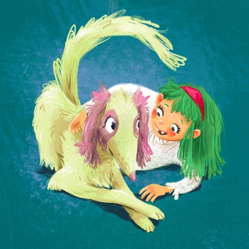 Whimsical drawing of a girl with green hair and a large cream dog by Katharina Madesta