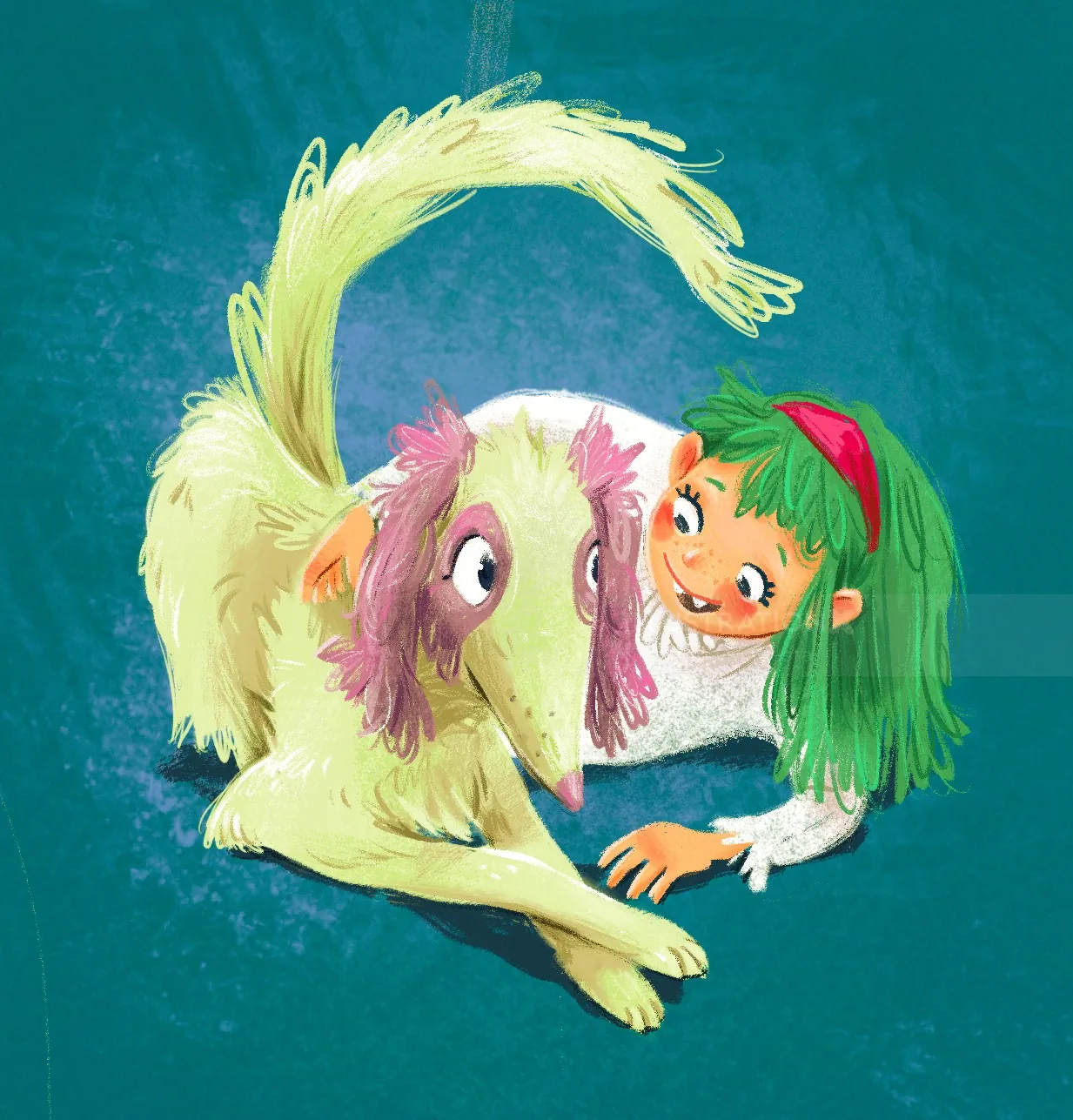 Whimsical drawing of a girl with green hair and a large cream dog by Katharina Madesta