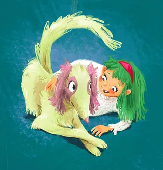 Whimsical drawing of a girl with green hair and a large cream dog by Katharina Madesta