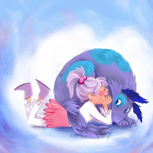 Girl with white hair hugging a blue donkey by Katharina Madesta